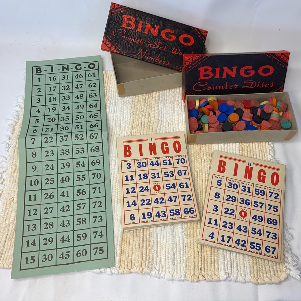 VTG J PRESSMAN & CO BINGO CARDS COUNTER DISCS NUMBER CALLING SHEET **READ*